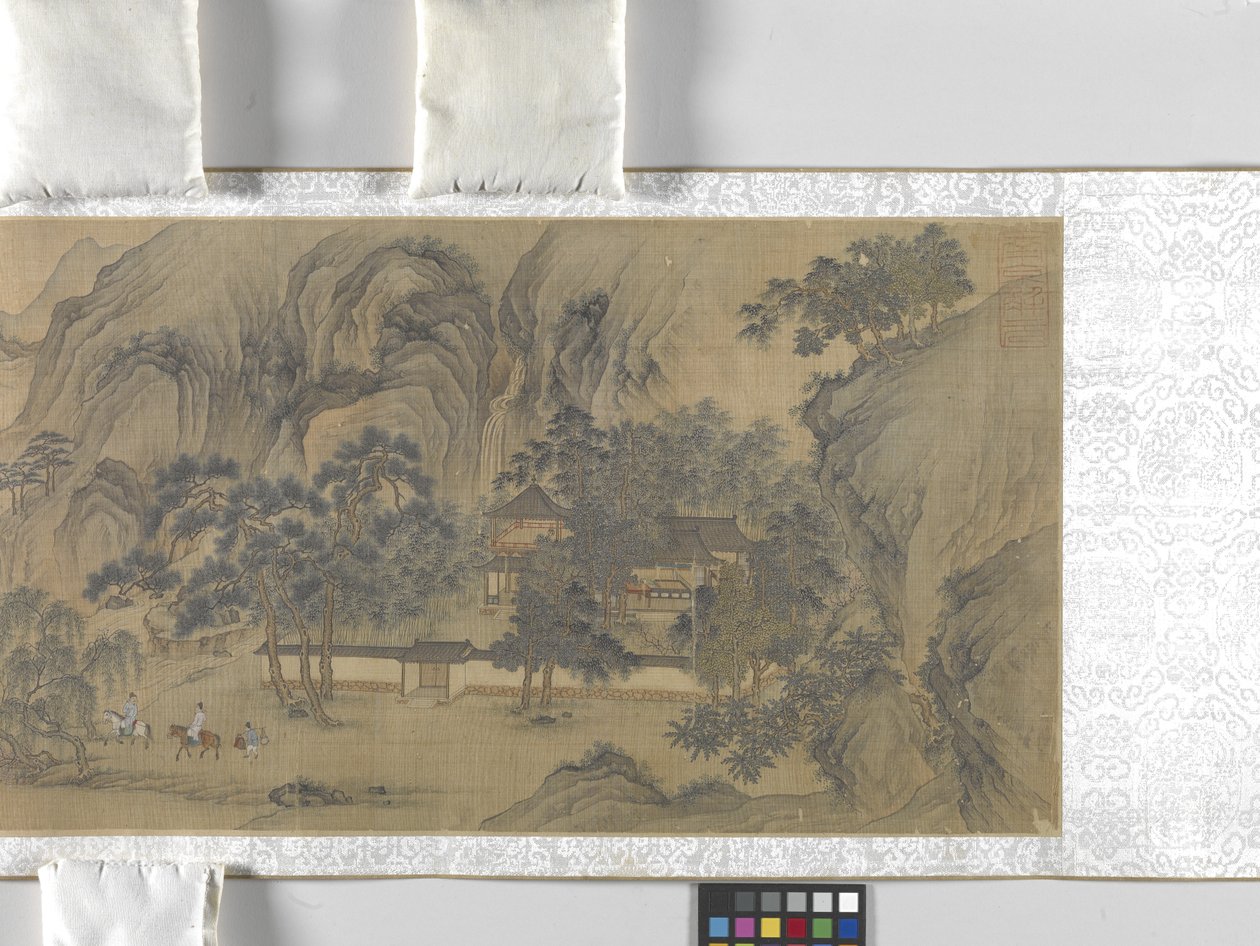 Travellers In A Riverside Village, fecha desconocida (tinta y color sobre seda) de School Chinese