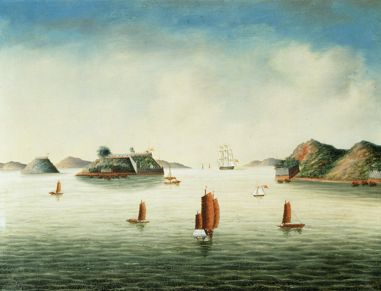 Vista de la zona de Cantón, c.1850 (óleo sobre lienzo) de School Chinese