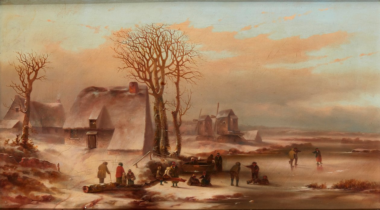Un paisaje invernal con figuras en un lago congelado de School Dutch