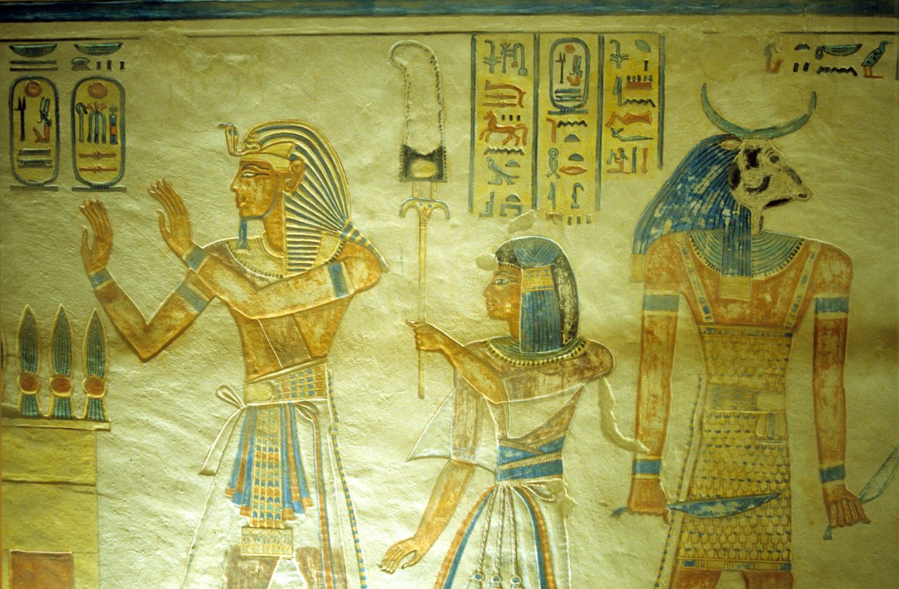 Antiguo Egipto, Pintura/Talla, Tumba de Amon hir Khopshef, Ramsés III con su hijo Amon-Hir portando un estandarte. de School Egyptian