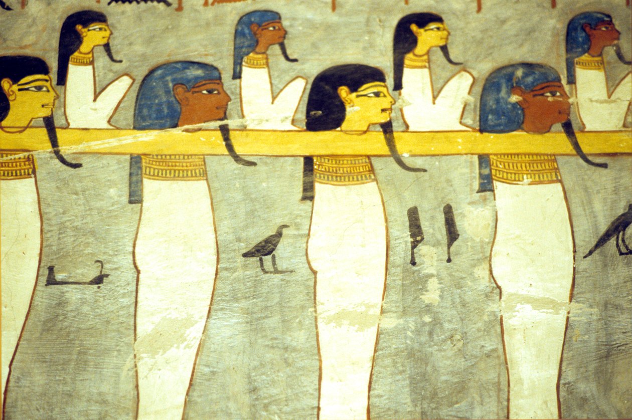 Antiguo Egipto, Pintura, Dioses del inframundo atados a Hathor, vaca divina, remolcando la barca solar, Tumba de Ramsés I, Tebas de School Egyptian