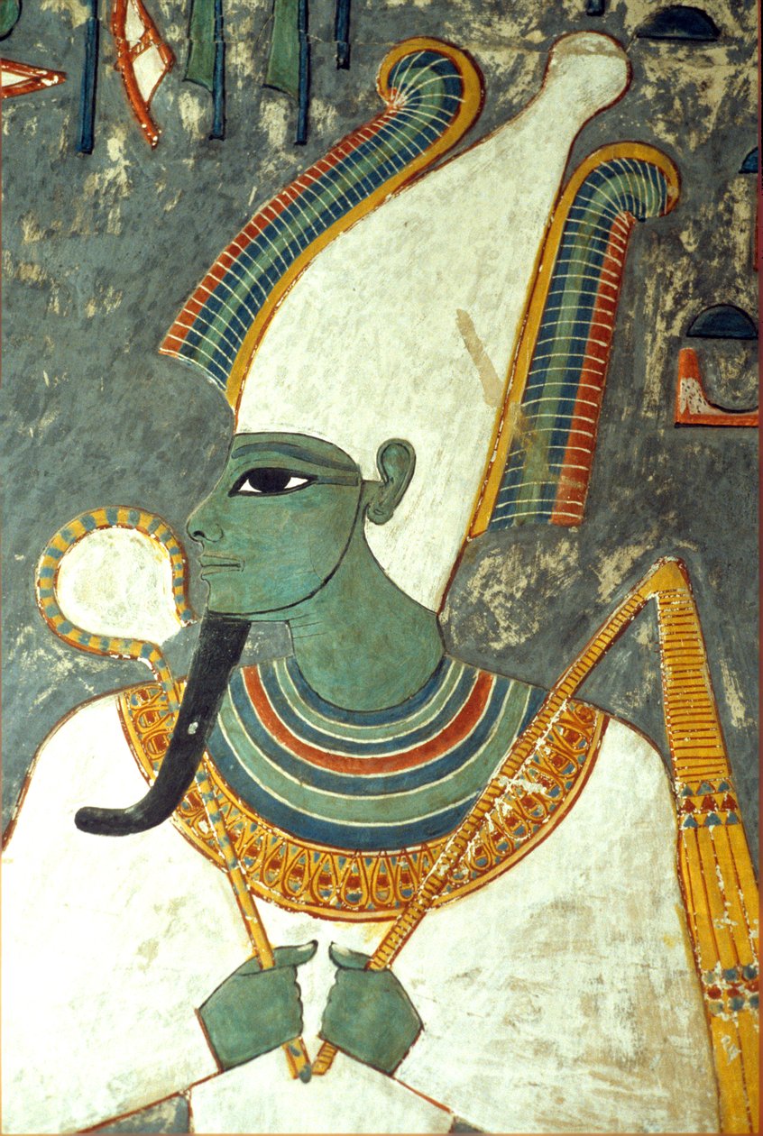 Antiguo Egipto, Pintura, Osiris, Tumba de Horemheb, Tebas, Dios del más allá, del inframundo y de los muertos, De piel verde y barba faraónica, lleva una corona con dos grandes plumas de avestruz a cada lado y sostiene un báculo y un mayal simbólicos (foto de School Egyptian