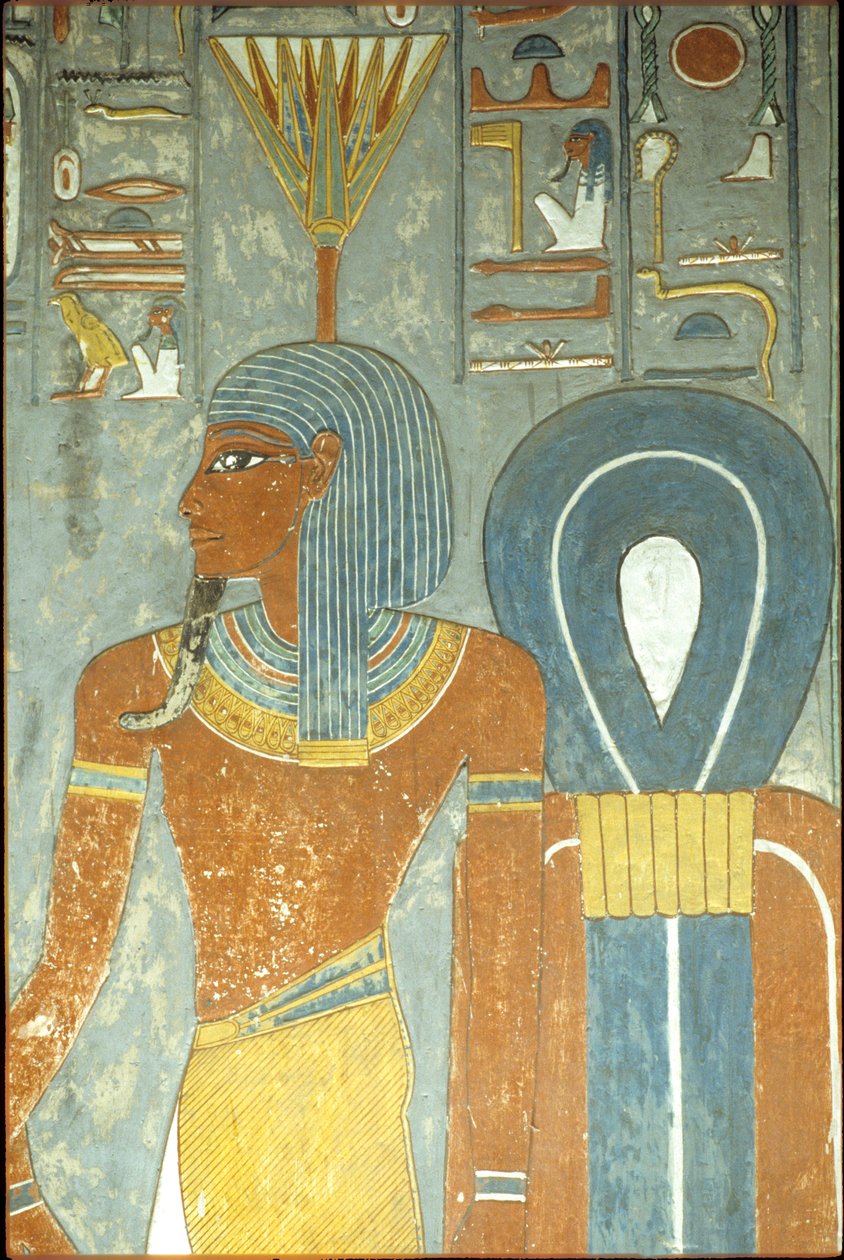 Antiguo Egipto, Pintura, Tumba de Horemheb, Tebas XVIII dinastía, Dios Nefertum y Nudo de Isis, Nefertum o Nefertem con tocado de nenúfar o loto (foto) de School Egyptian