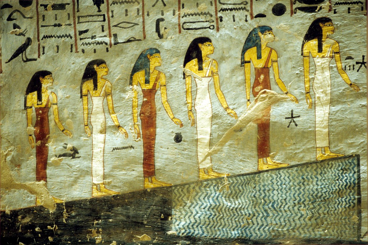 Antiguo Egipto, Pintura, Tumba de Ramsés I, Tebas, Seis diosas que representan las seis primeras horas de la noche, ascendiendo una montaña bajo la cual hay un estanque. de School Egyptian