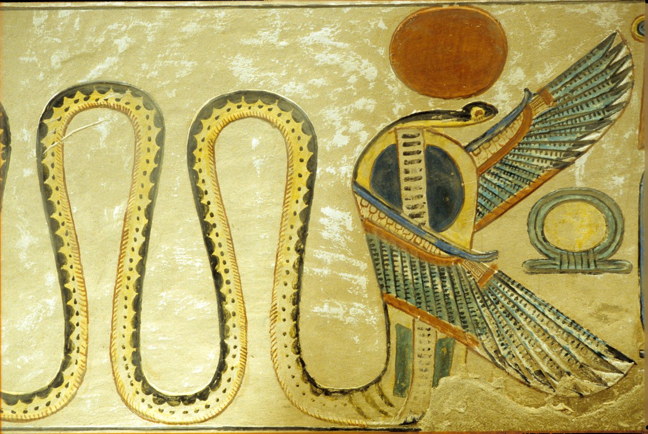 Antiguo Egipto, Pintura mural, Tumba de Amón hir Khopshef, Uraeus y serpientes aladas custodian la entrada de la cámara funeraria, dinastía XX, Valle de las Reinas (foto) de School Egyptian