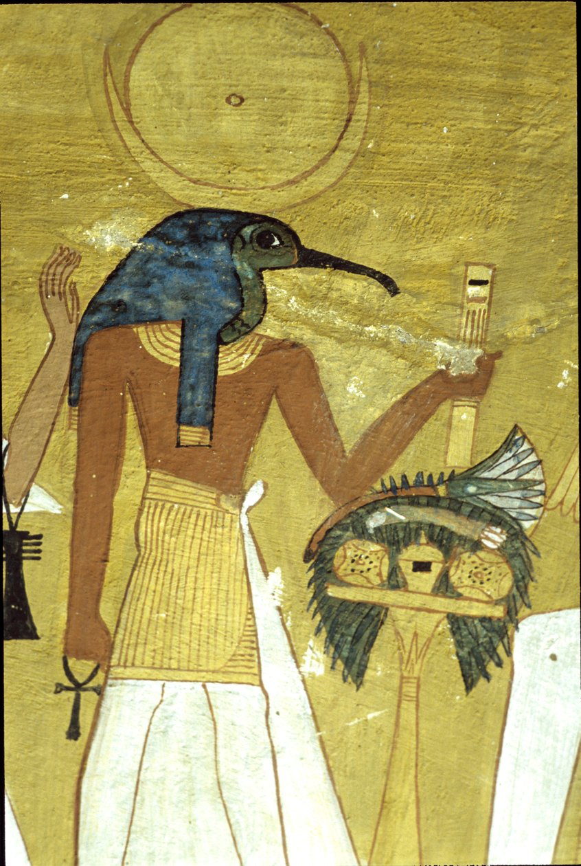 Antiguo Egipto, Pintura mural Tumba de Inherkhau, Tebas, Dios Thot presentando el difunto a Osiris, Dinastía XX, Dios con cabeza de Ibis y disco lunar (foto) de School Egyptian