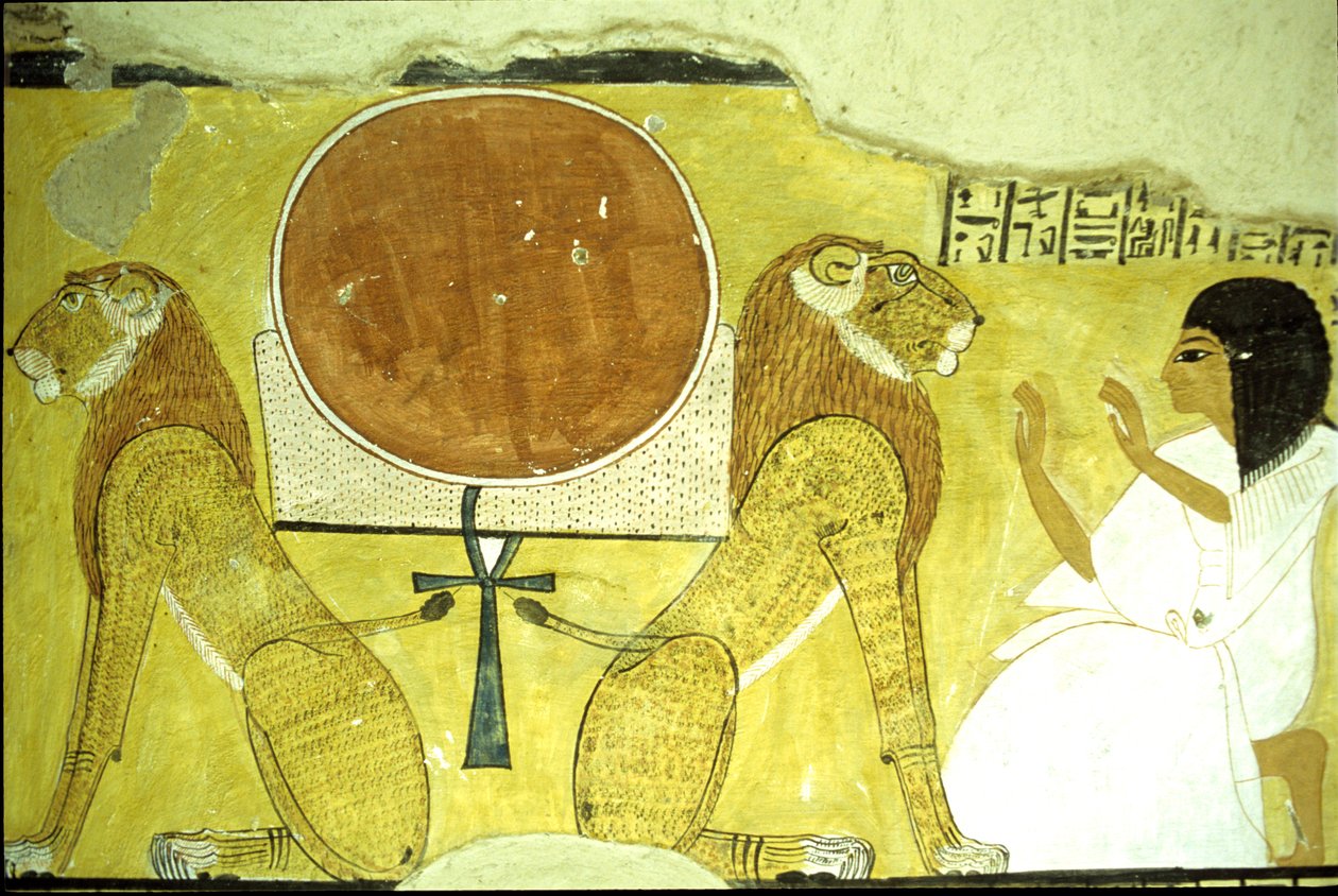 Antiguo Egipto, Pintura mural Tumba de Inherkhau, Tebas, Inherkhau adorando a dos leones, guardianes del hoy y del mañana, Dinastía XX (foto) de School Egyptian
