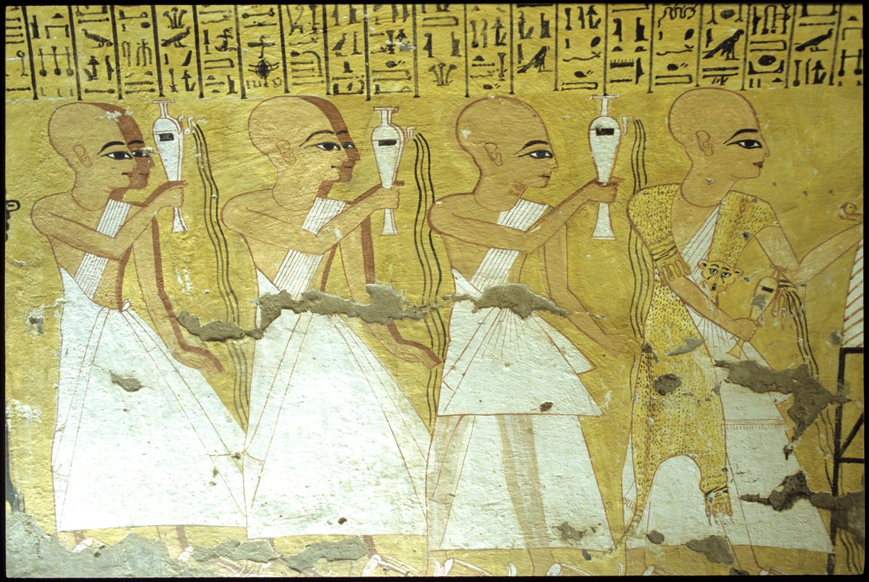 Antiguo Egipto, Pintura mural Tumba de Inherkhau, Tebas, Tumba de los Nobles, dinastía XX, Sacerdotes vertiendo libaciones para Inherkhau (foto) de School Egyptian
