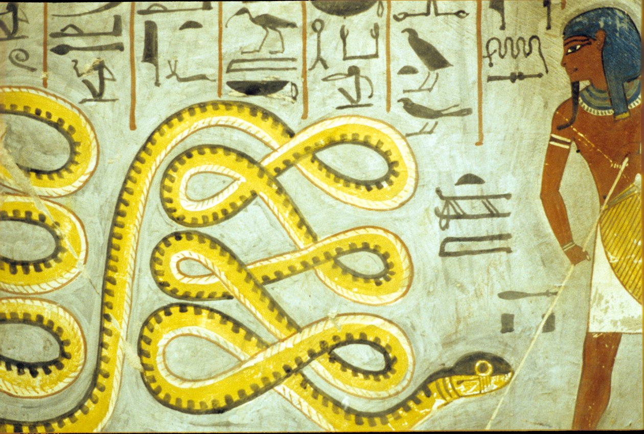 Antiguo Egipto, Pintura mural, Tumba de Ramsés I, Valle de los Reyes, Ramsés I matando a la serpiente Dios del inframundo de School Egyptian