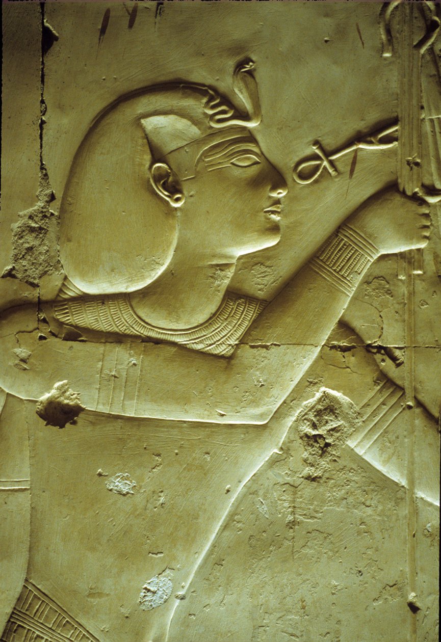 Antiguo Egipto, Pintura mural/talla, Seti I recibiendo la vida, simbolizada por el anj, Templo de Seti I, Abidos de School Egyptian
