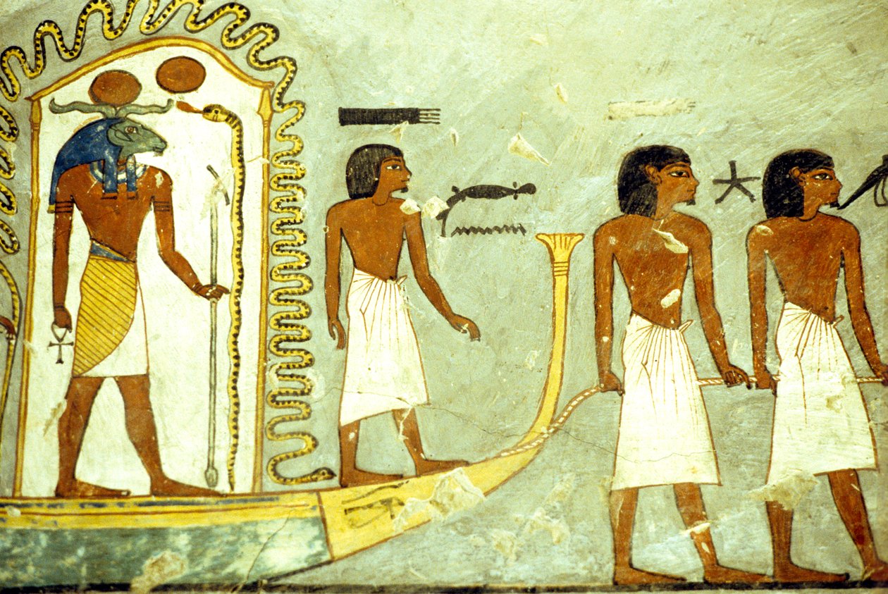 Antiguo Egipto, Pintura mural, Viaje a través del inframundo en barca tirada por hombres, Tumba de Ramsés I, Tebas de School Egyptian