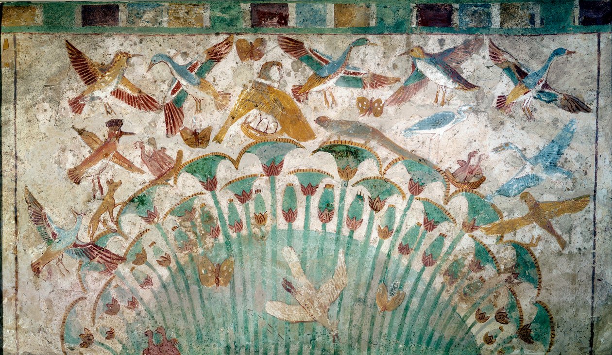 Antiguo Egipto: animales en un papiro, fragmento de piedra caliza de la tumba de Neferhotep, circa 1400 a.C. Dinastía XVIII, París, Museo del Louvre de School Egyptian