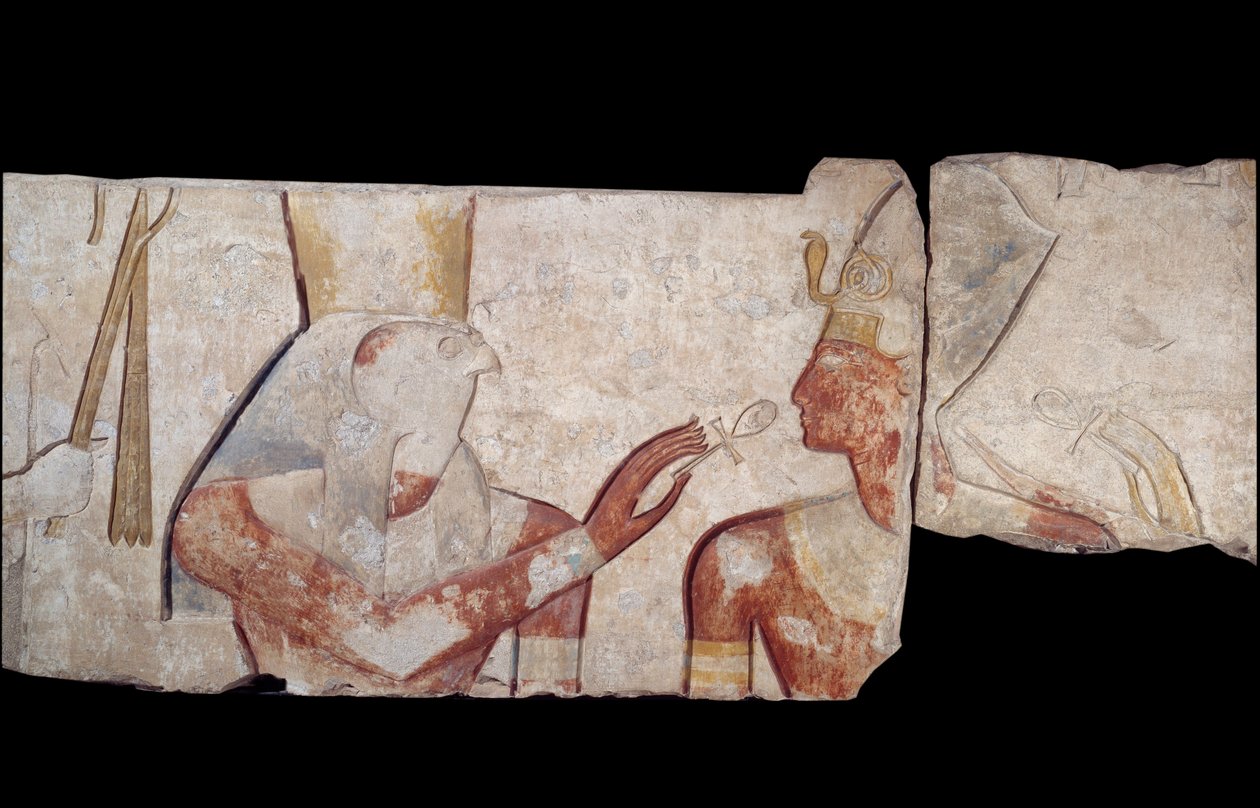 Arte egipcio antiguo: El rey Ramsés II es presentado a las divinidades Horus, Amón y Hathor que le otorgan vida e insignias reales. Bajo relieve de piedra caliza del templo de Ramsés II en Abydos, alrededor de 1250 a.C. Dinastía XIX. Nuevo Imperio. París,  de School Egyptian