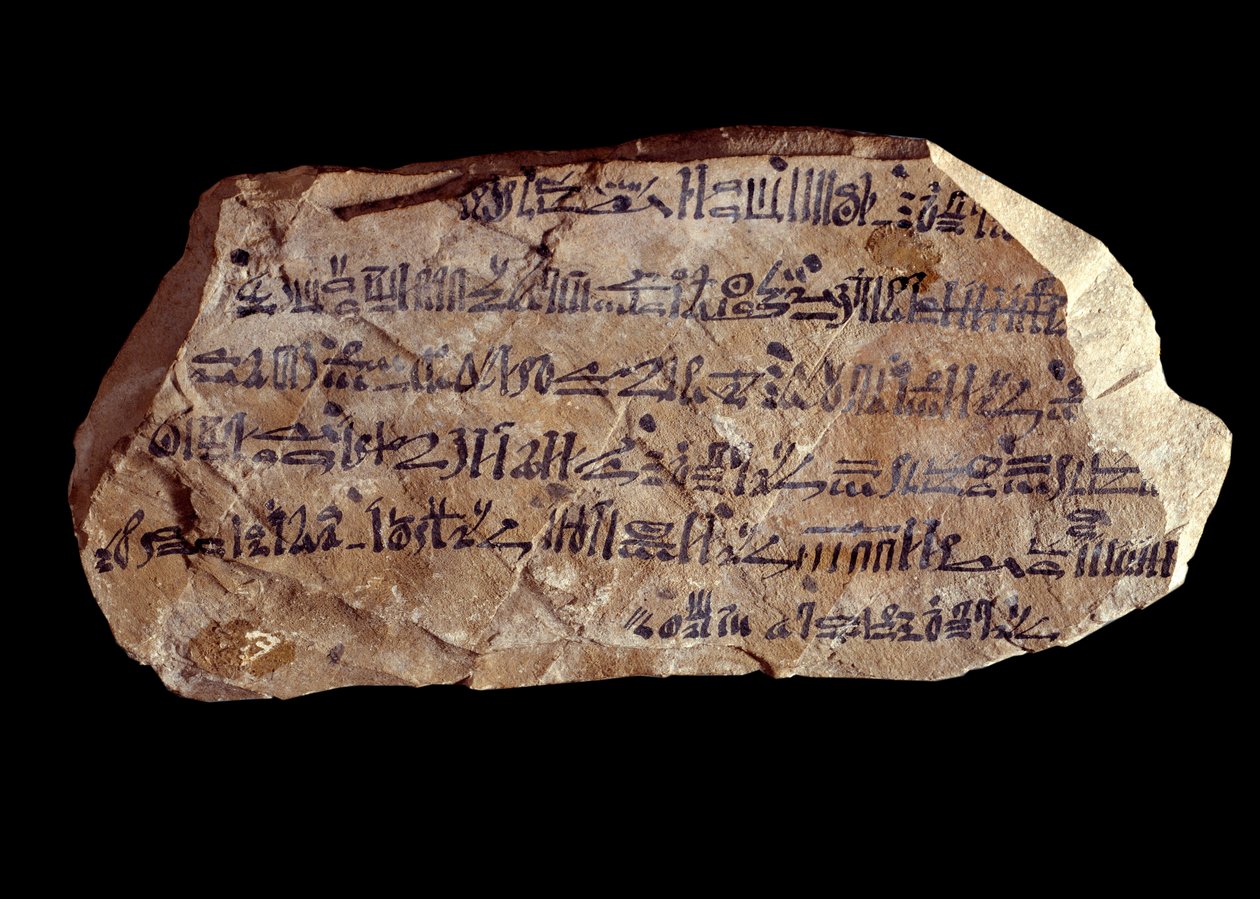 Arte del antiguo Egipto: ostrakon (o ostracon) (plural: ostraca o ostraka) hierático (fragmentos de cerámica en los que se escriben cosas sagradas). Nuevo Imperio de Egipto. París, Museo del Louvre de School Egyptian