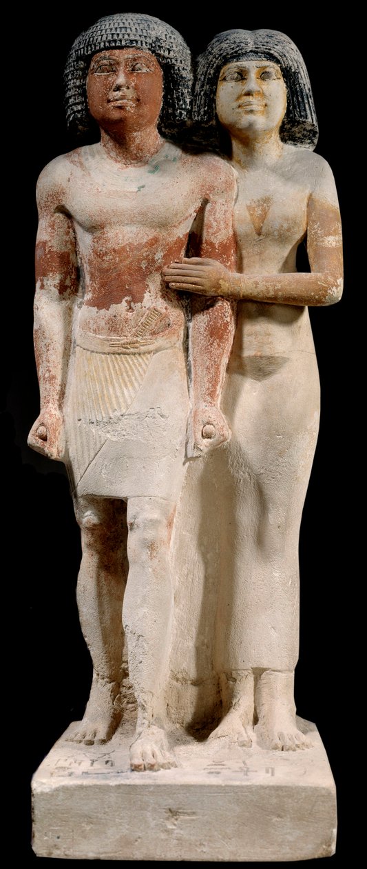 Antigüedad egipcia: Estatua de piedra caliza de la pareja Raherka y Meresankh. 5ª dinastía. Imperio Antiguo (alrededor de 2700-2200 a.C.). Sol 0,52x0,21 m París, Museo del Louvre de School Egyptian