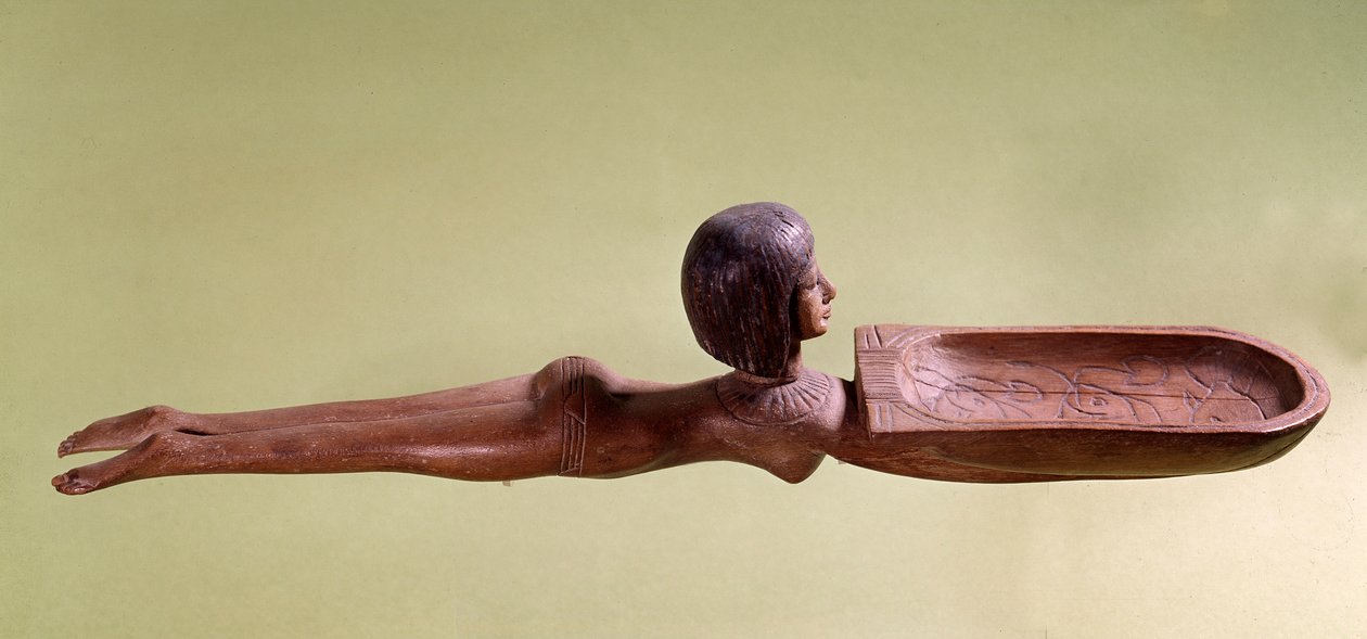 Antigüedad egipcia: cuchara de madera para cosméticos llamada nadador desnudo sosteniendo un pato. Dinastía XVIII, nuevo imperio. París, Museo del Louvre de School Egyptian