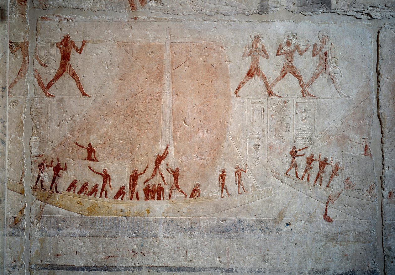 Antigüedad egipcia: un velero. Relieve de piedra caliza de la Capilla de Mastaba de Akhethetep en Saqqara. 5ª dinastía (alrededor de 2500-2350 a.C.) 2300 a.C. París, Museo del Louvre de School Egyptian