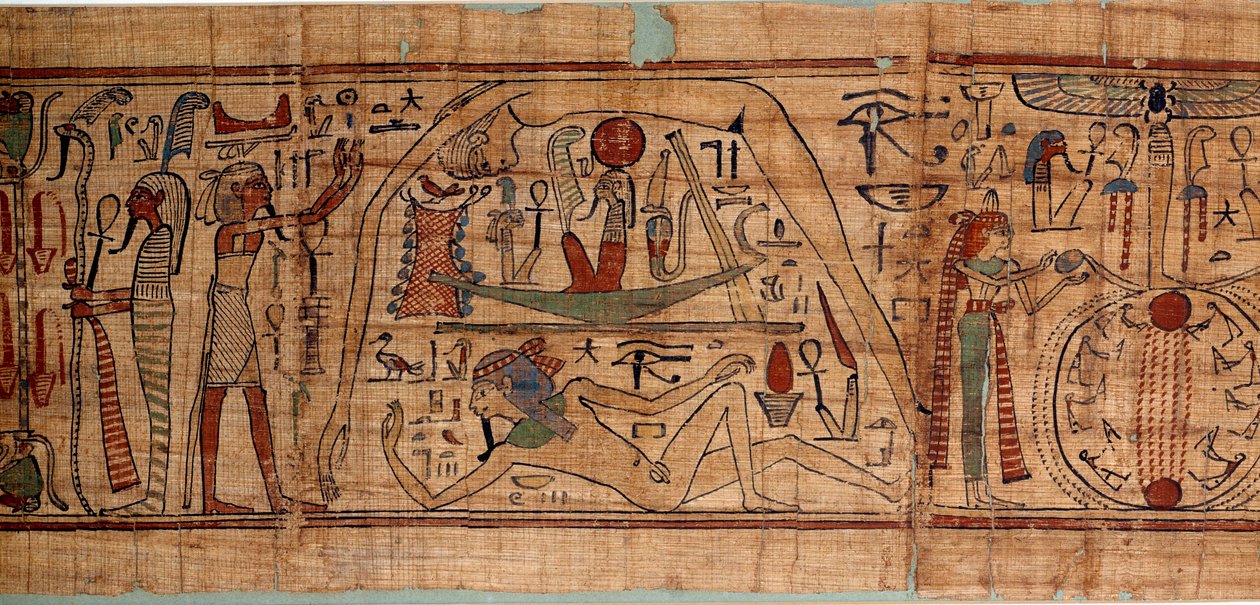 Antigüedad egipcia alegoría del cosmos: papiro mitológico de Neskapashouty, escriba contable de granos representando la cosmogonía, con Geb, Nut, Neftis, Osiris de School Egyptian