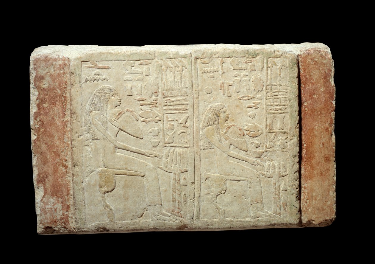Antigüedad egipcia: estela funeraria en piedra caliza de las damas Waten y Ousernebnet. Período de Thinis (ca. 3100-2700 a.C.) 2ª dinastía de Menfis. París, Museo del Louvre de School Egyptian