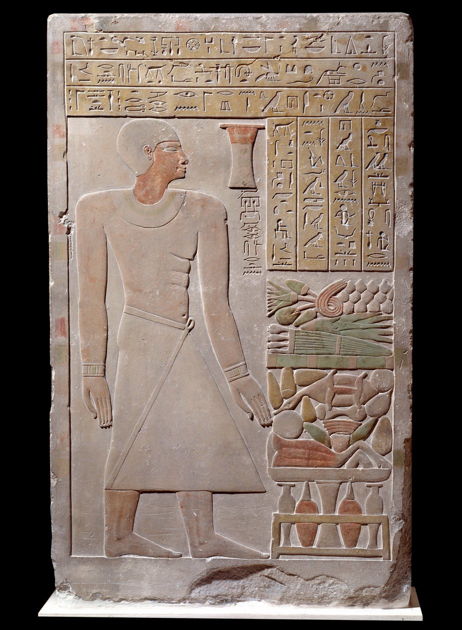 Antigüedad egipcia: estela de piedra caliza del monumento a la memoria del portavoz del visir Senousret formando una capilla. Alrededor de 1700 a.C. Dinastía XII tardía de School Egyptian