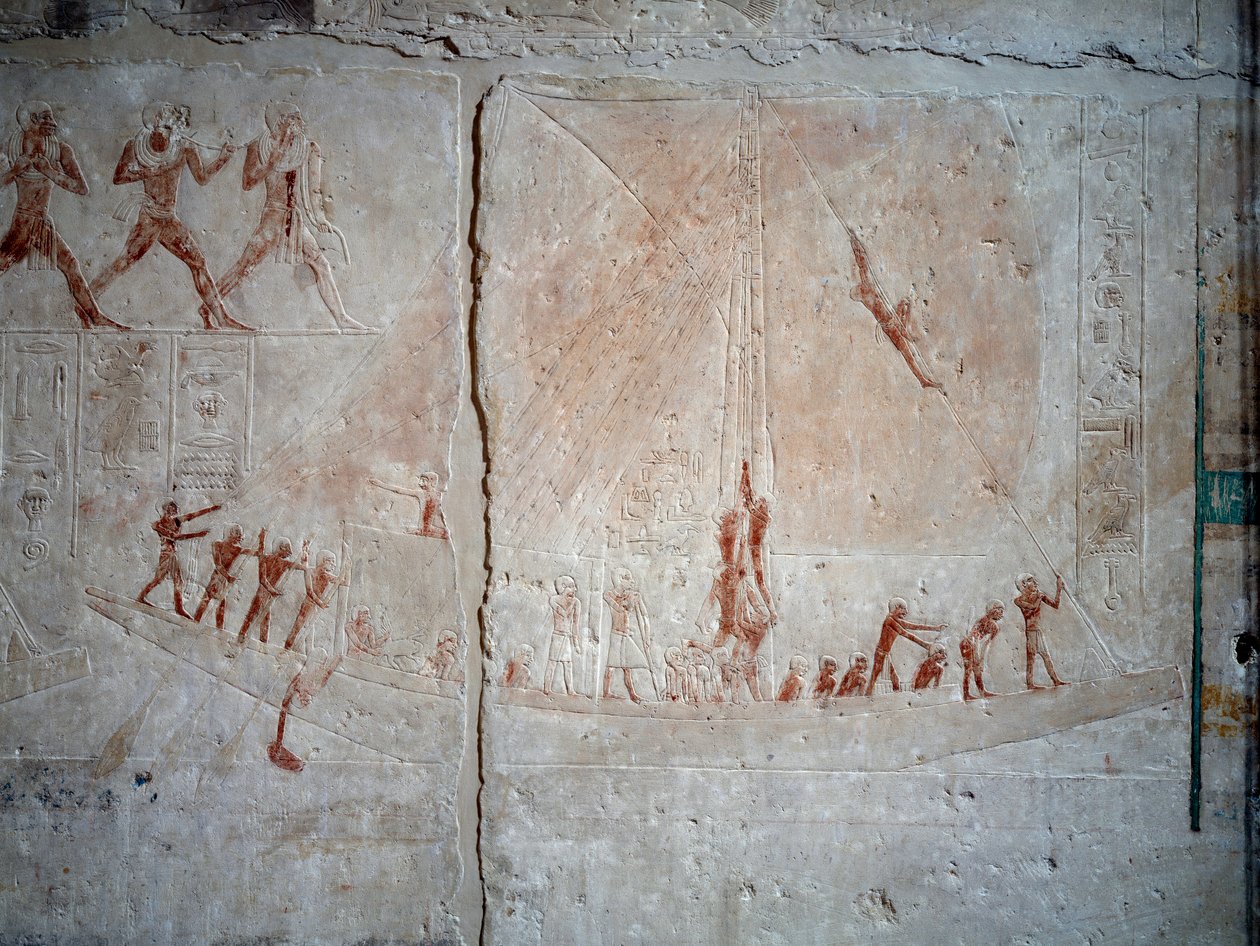 Antigüedad egipcia: escena de navegación. Relieve de piedra caliza de la Capilla de la Mastaba de Akhethetep en Saqqara. Dinastía V (alrededor de 2500-2350 a.C.) de School Egyptian