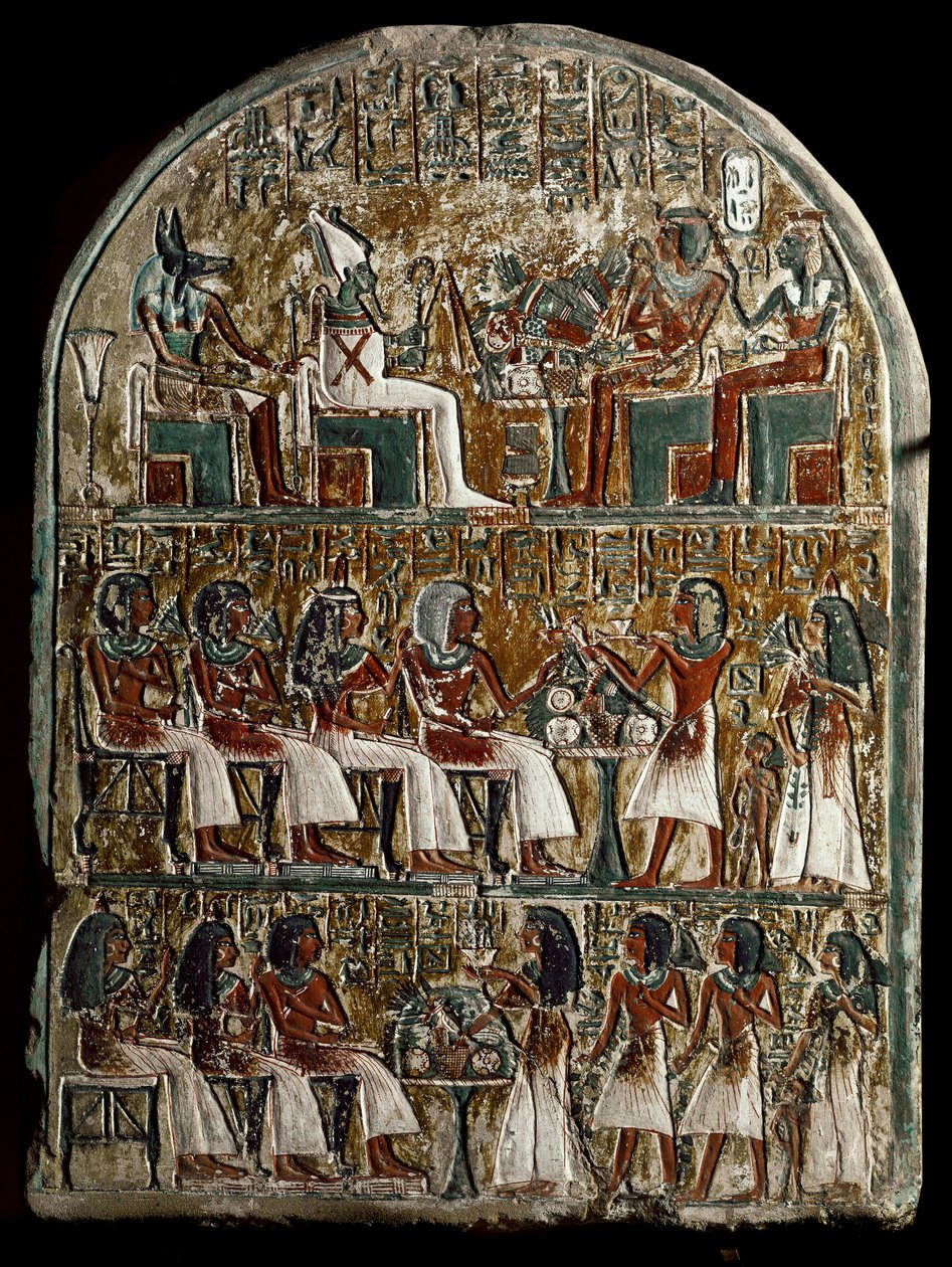 Antigüedad egipcia: estela de Irynefer, en la parte superior los dioses Osiris y Anubis frente a Amenofis I y Ahmes Nefertari divinizados; en el centro Irynefer, su esposa Mehytkhaty y su hija Hathor hacen la ofrenda funeraria a sus padres, en la parte inf de School Egyptian