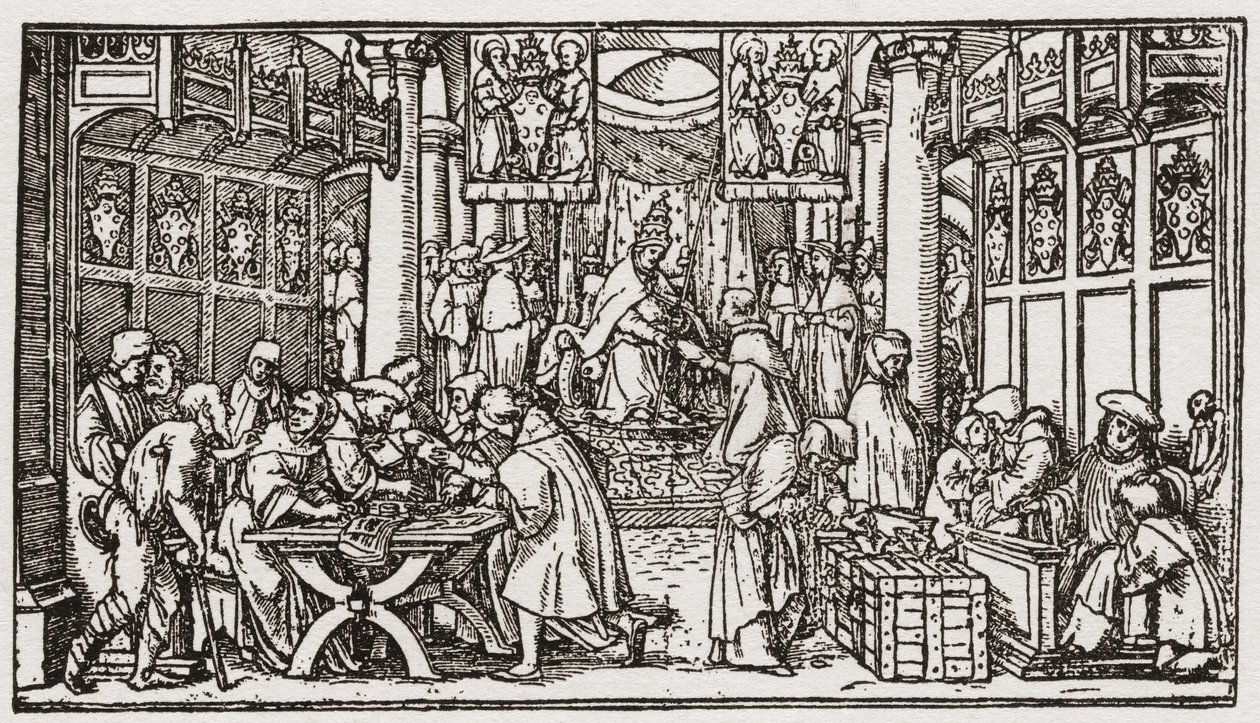 Venta de indulgencias durante la época de los Tudor en Inglaterra (grabado) de School English