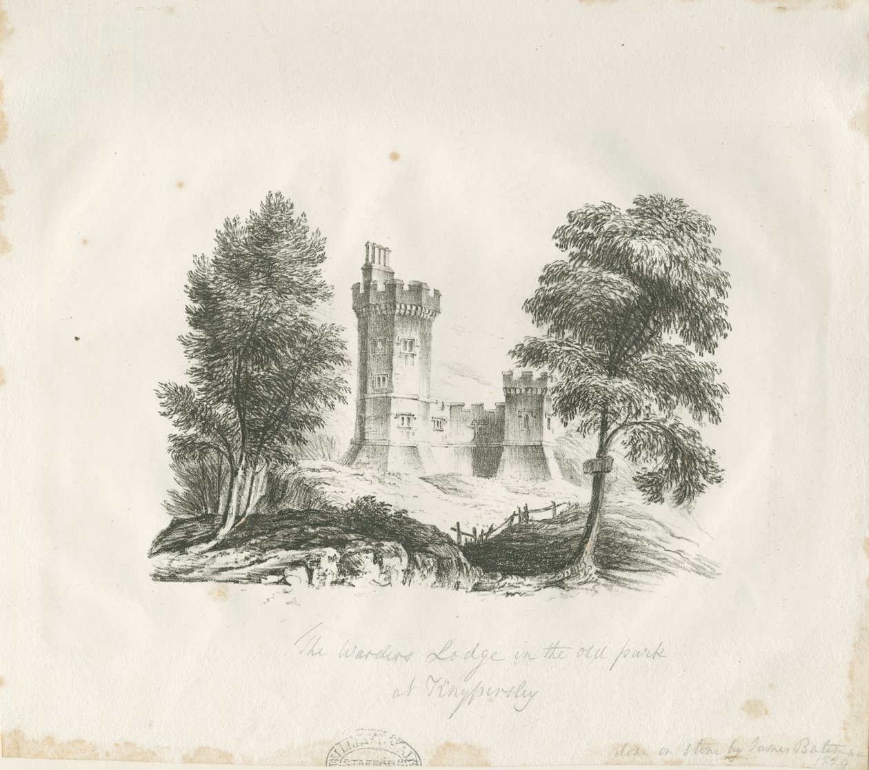 Biddulph - Casa de los guardianes en Knypersley Park: grabado de School English