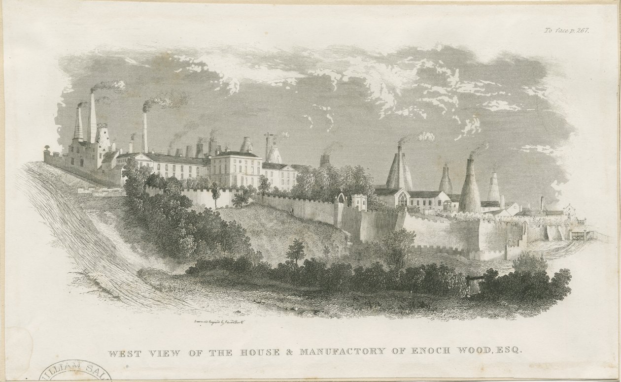 Burslem - casa y fábrica de Enoch Wood & Sons (grabado) de School English