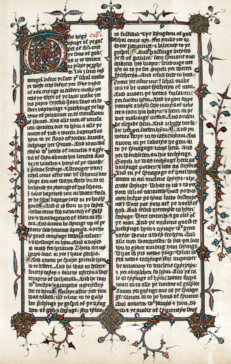 Copia de una página del Evangelio de San Marcos, traducción de la Biblia al inglés realizada por Wycliffe hacia 1400 (impresión) de School English