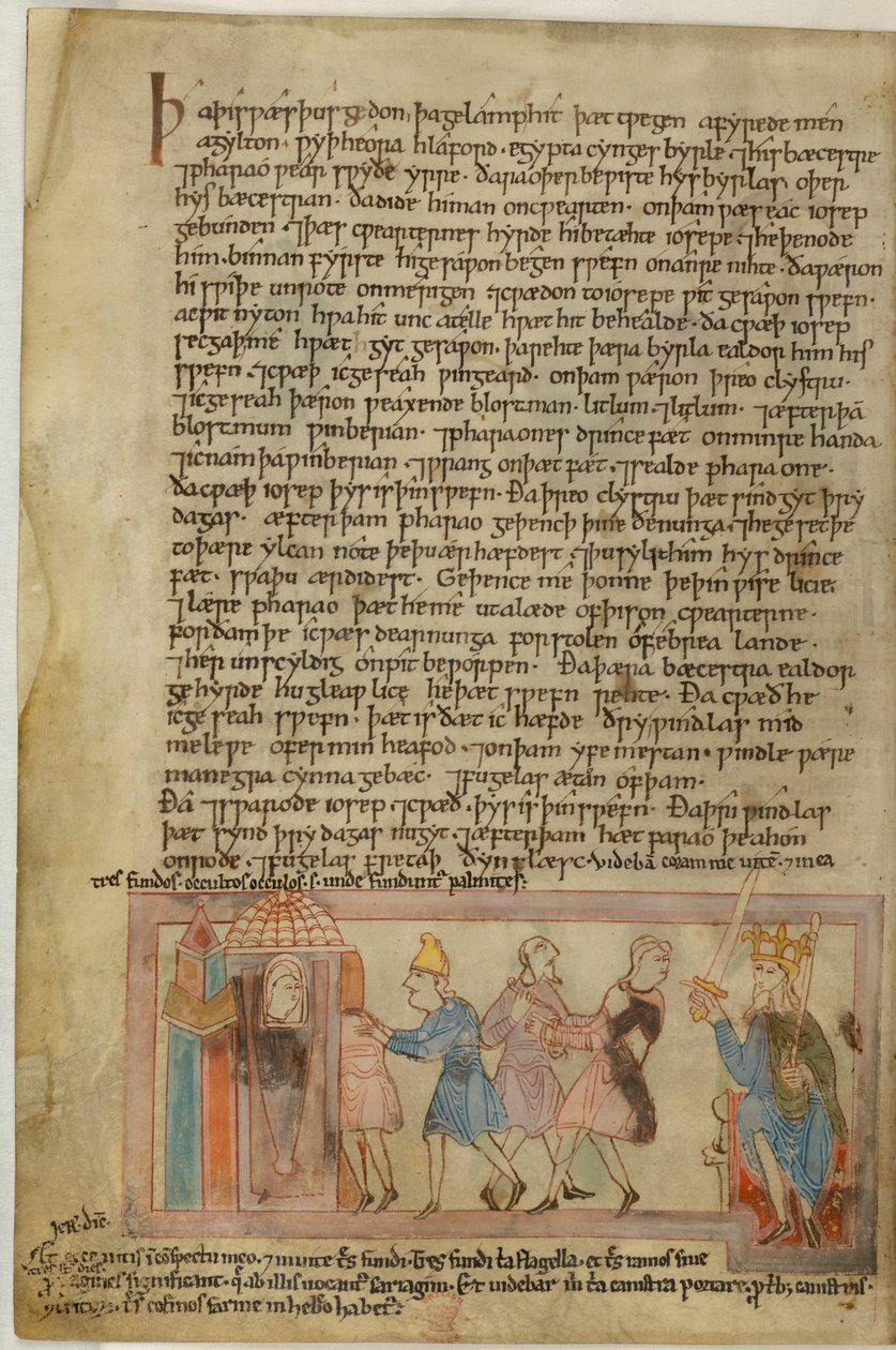 Cotton Claudius B. IV, f.58v Una escena que muestra la justicia anglosajona, ilustración de (vitela) de School English