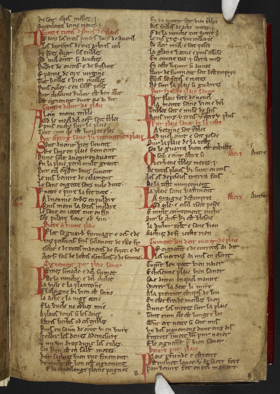 Harley MS 2558 f.8r, Novele cirurgerie, extracto (365 líneas). Una colección de recetas médicas en verso anglo-normando (vitela) de School English