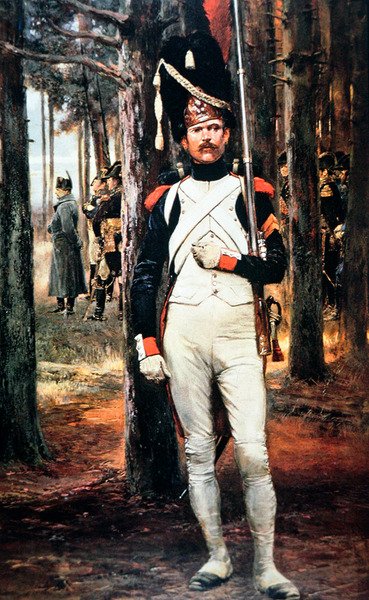 Guardia imperial del Gran Ejército de Napoleón, con gorro de piel de oso y armado con un mosquete Charlesville de 1777 de School English
