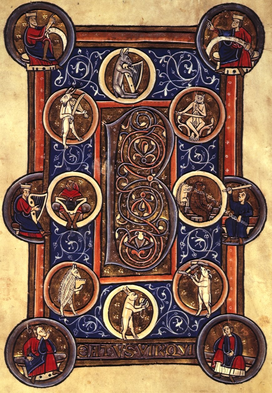 Lansdowne 420 fol.12v Salmo I con inicial habitada 