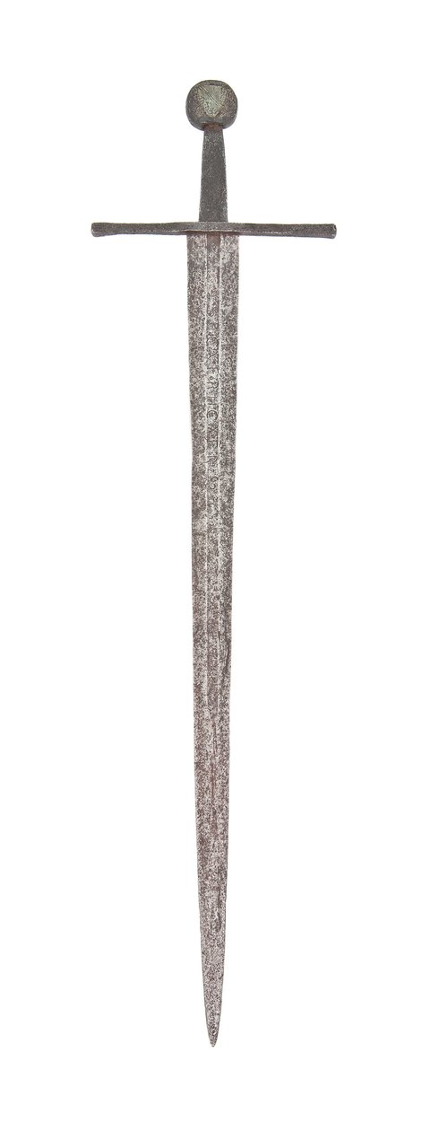 Espada ancha medieval tardía, con hoja vikinga anterior y con los brazos de la familia De Bohun, Condes de Hereford y Essex de School English