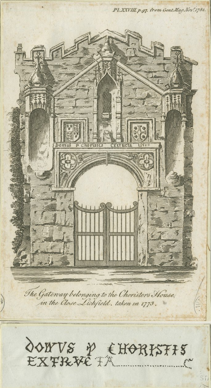 Lichfield - Puerta de la Casa de los Coristas: grabado de School English