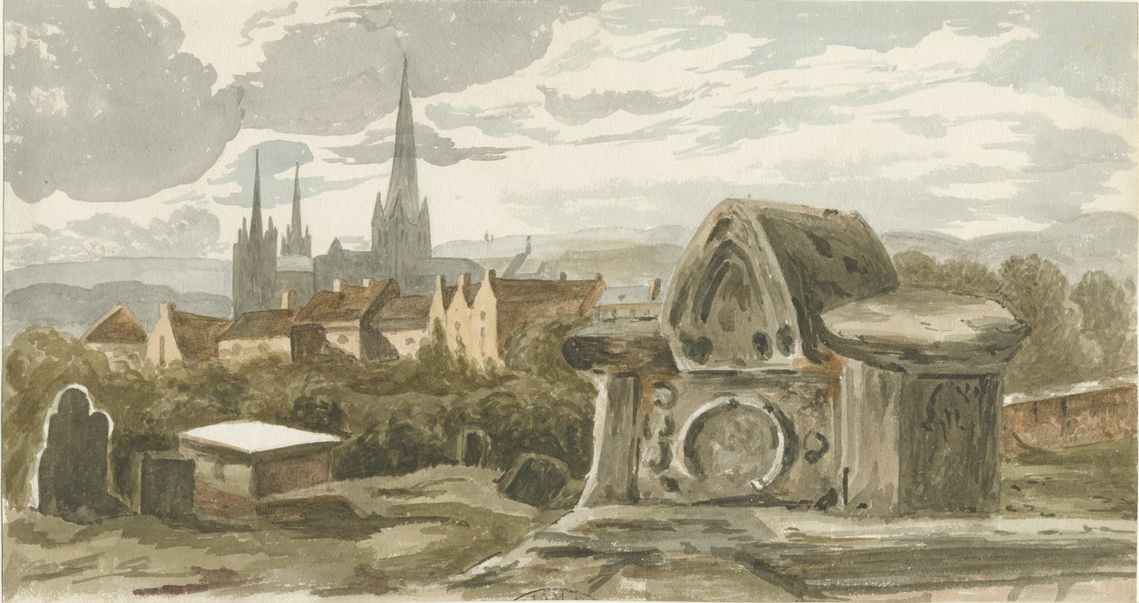 Lichfield - Tumba antigua en el cementerio de la Iglesia de San Miguel: pintura en acuarela, nd [?siglo XIX] de School English
