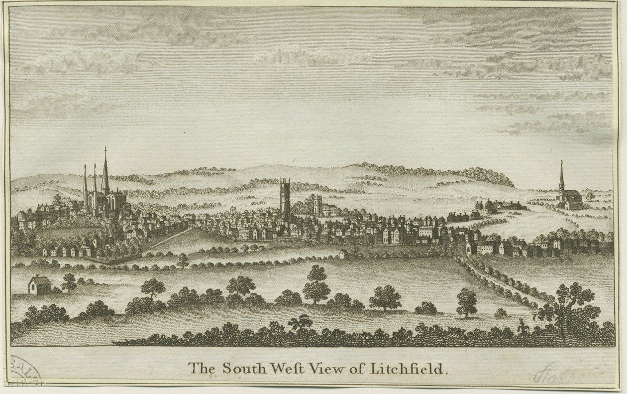 Lichfield - Vista suroeste: grabado en placa de cobre, nd [finales del siglo XVIII] de School English
