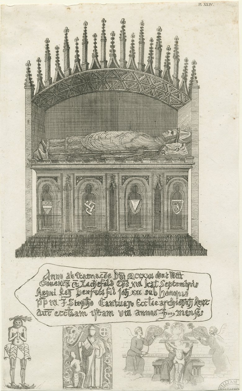 Catedral de Lichfield - Tumba del obispo [?Obispo Cornhill]: grabado, nd [?finales del siglo XVIII] de School English