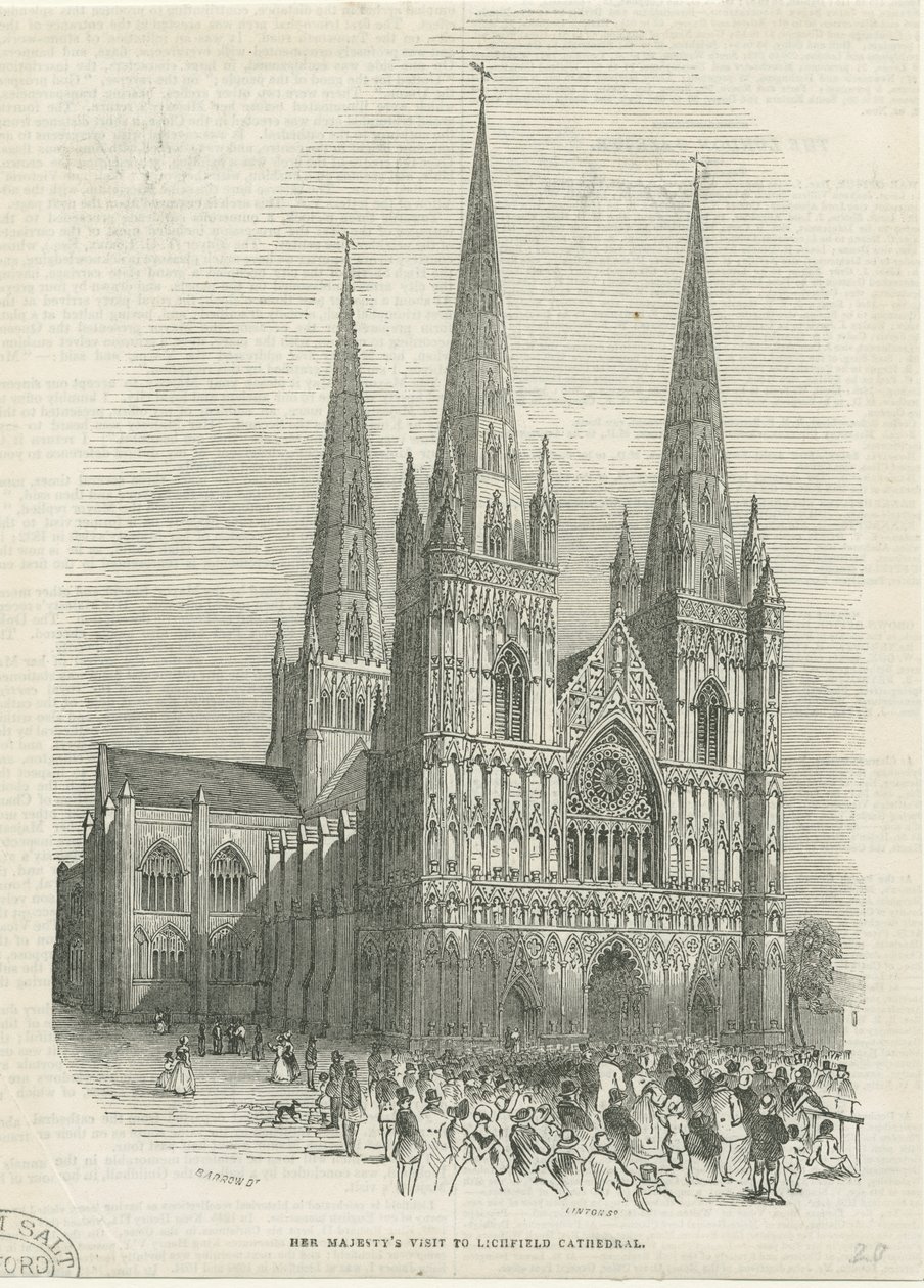 Catedral de Lichfield - Fachada Oeste: grabado en madera, nd [1843] de School English