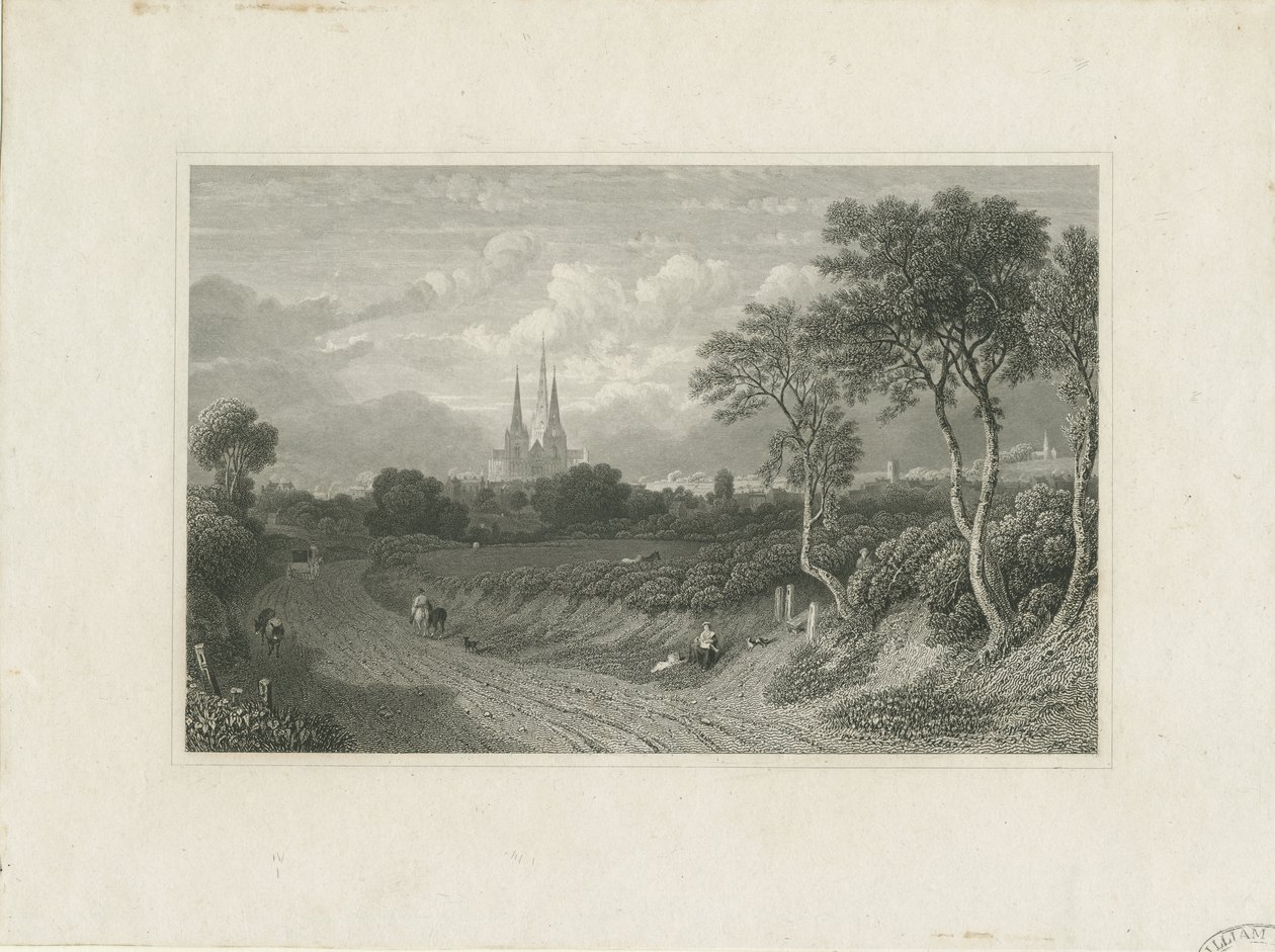 Catedral de Lichfield - Vista oeste (distante): grabado, nd [?siglo XVIII] de School English