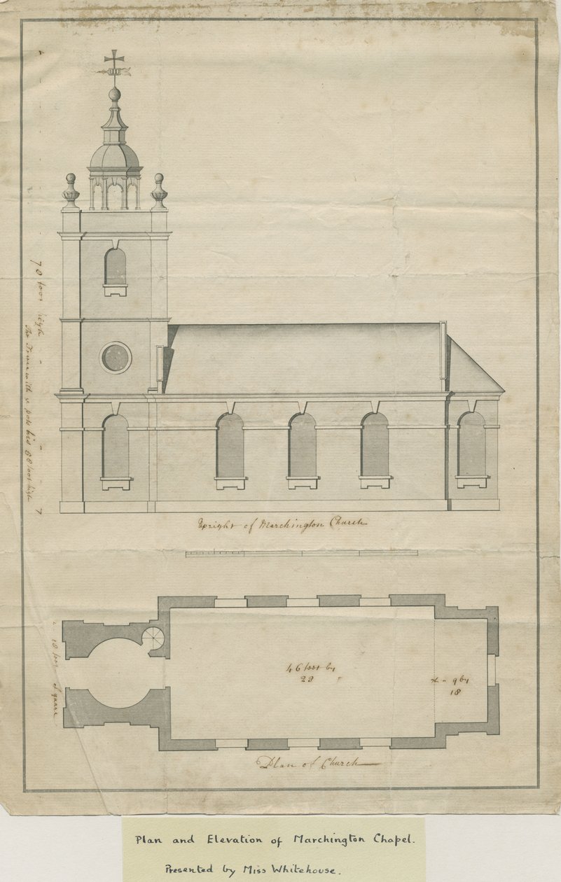 Iglesia de Marchington - Elevación Exterior y Plano Interior de School English