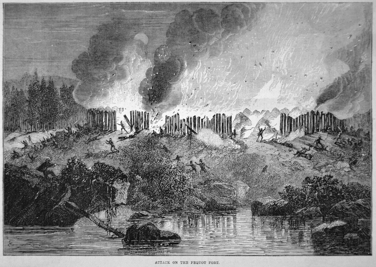 Colonos blancos de Nueva Inglaterra atacan el fuerte indio Pequot durante la Guerra Pequot de 1637 de School English