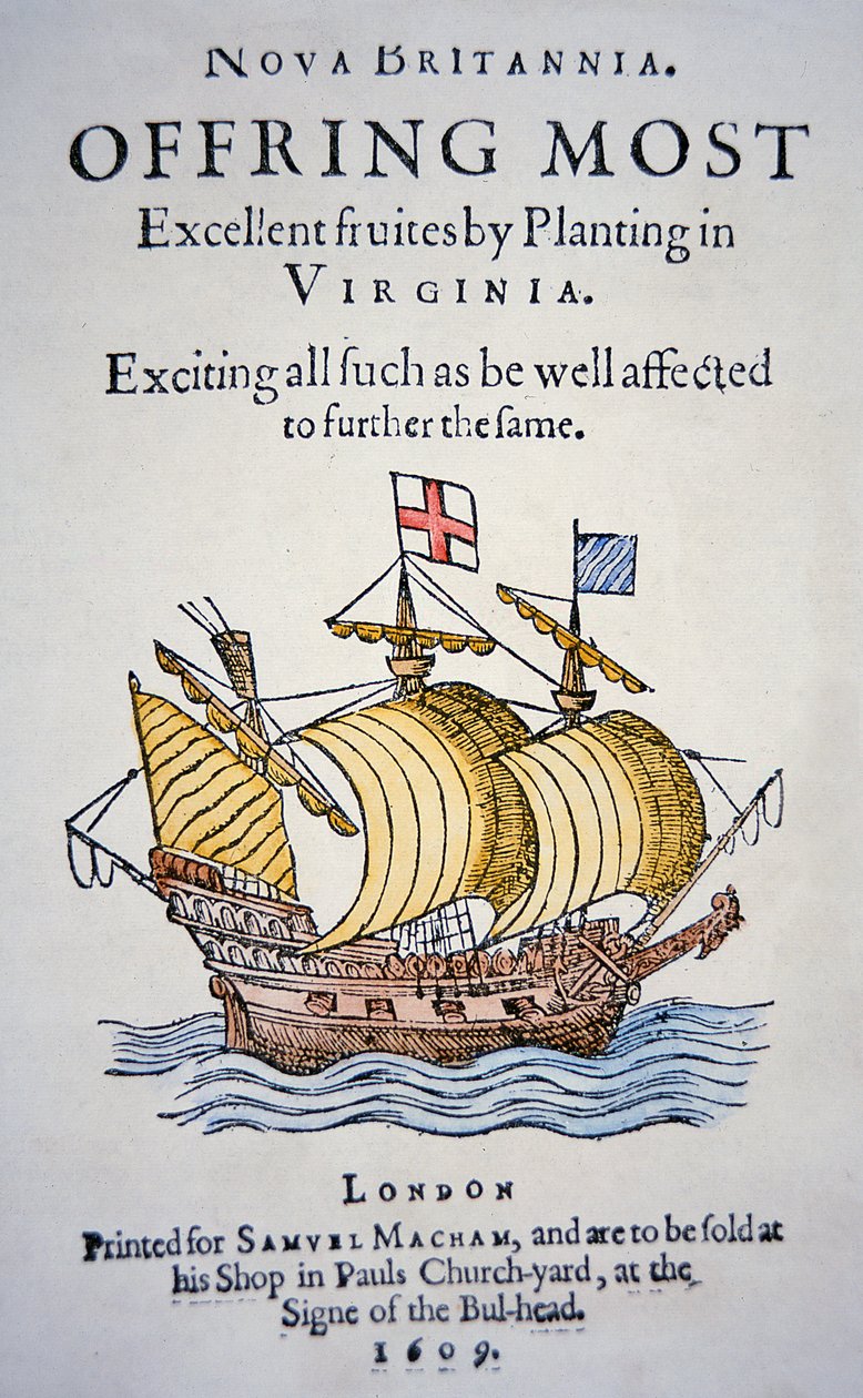 Folleto que anima a los colonos a ir a Virginia en América, publicado en 1609 de School English
