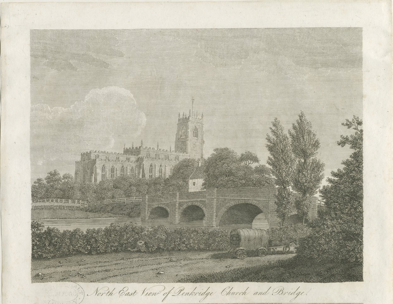 Ciudad de Penkridge - Iglesia y Puente (grabado) de School English