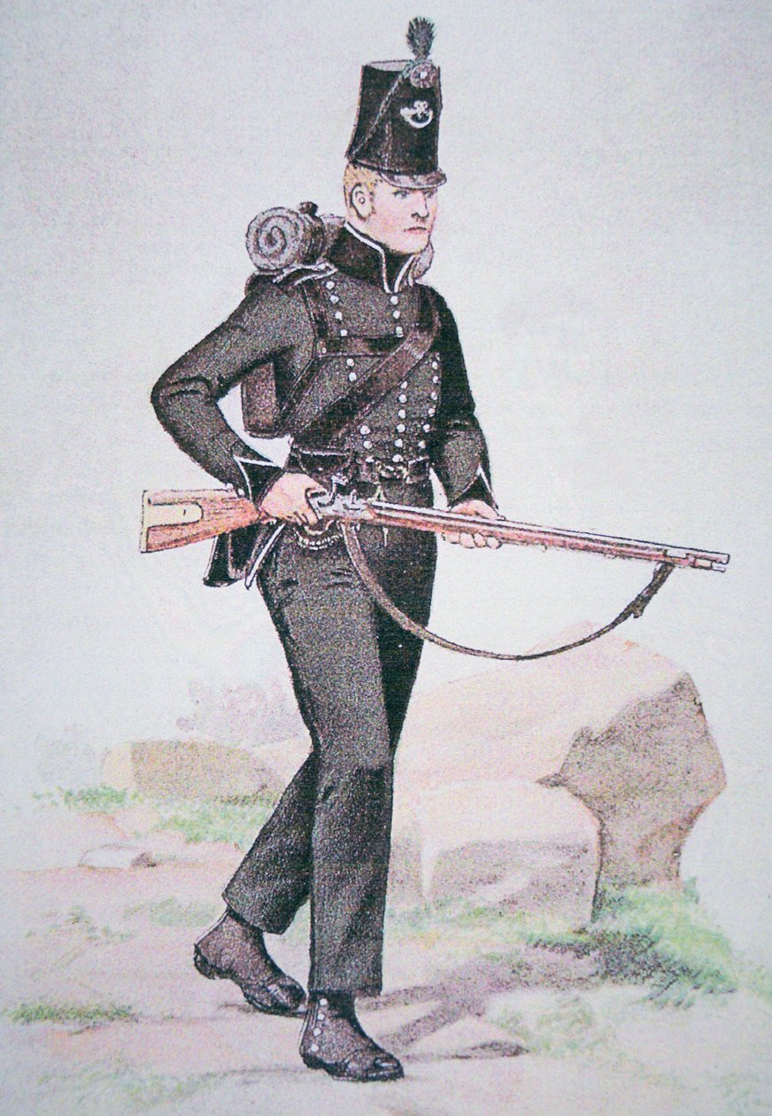 Soldado del 95º Rifles, c.1810, armado con el Rifle Baker, diseñado por Ezekiel Baker de Londres de School English