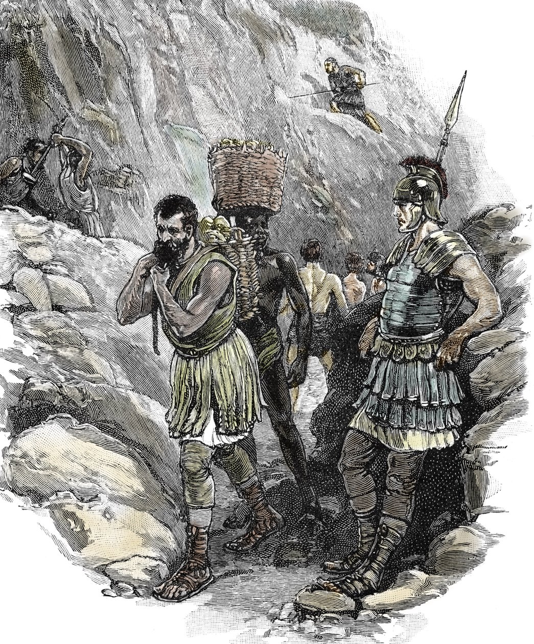 Legionario romano supervisando a trabajadores anglosajones en una mina de estaño, Inglaterra 50 d.C. (imprimir) de School English