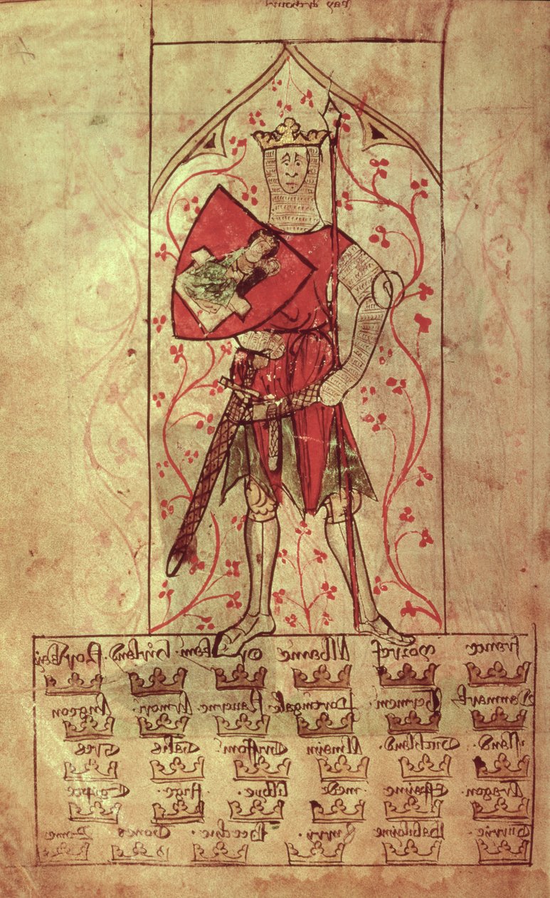 Roy 20 A II f.4r King Arthur and the Thirty Kingdoms escrito durante el reinado de Eduardo II (1248-1327) de School English