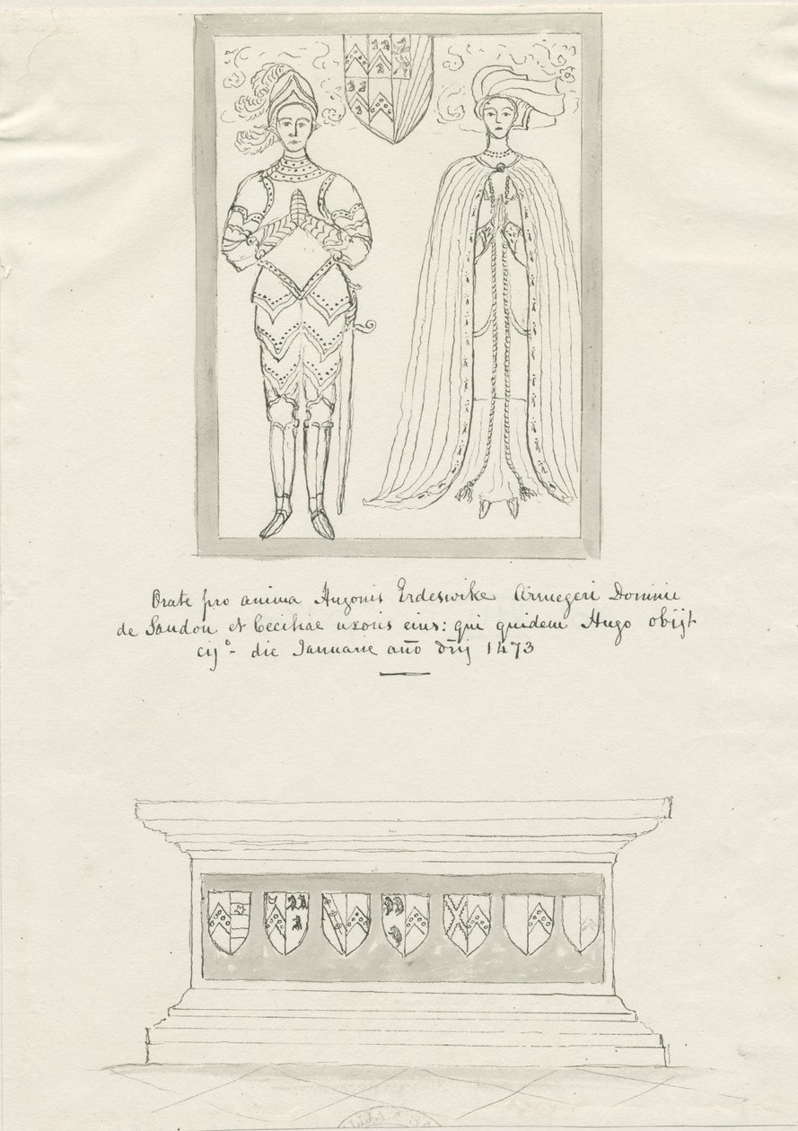 Iglesia de Sandon - Tumba de Hugh Erdeswicke y Cecilia [Bassett]: dibujo en tinta y pluma, s.f. [?siglo XVIII] de School English
