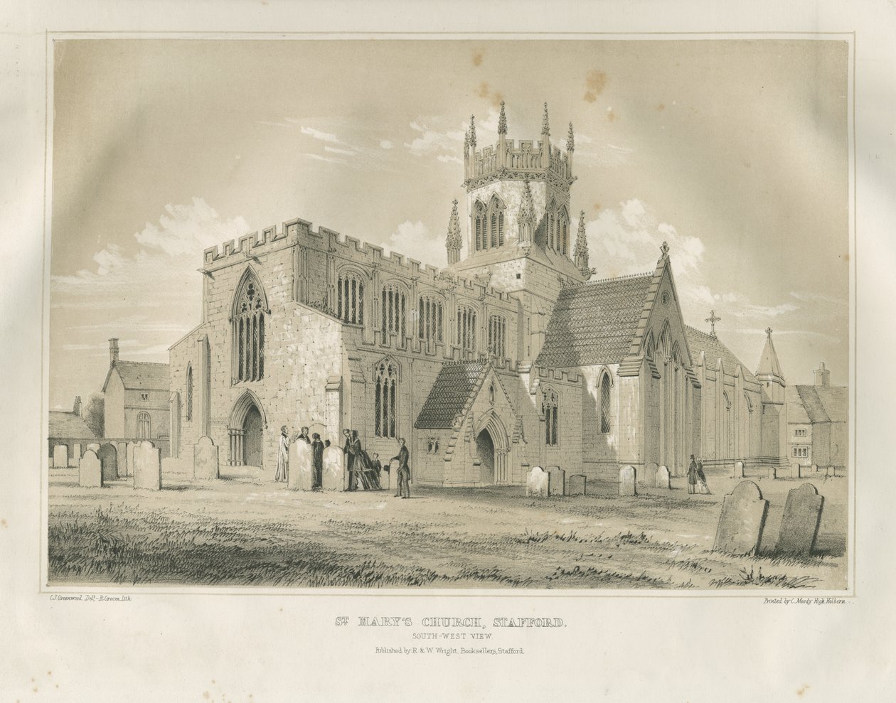 Stafford - Iglesia de Santa María: litografía tintada de School English